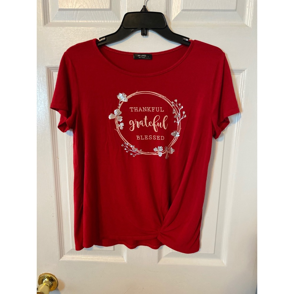Ava James Womens Red Thankful Grateful Blessed Graphic Tee Side Twist Top L